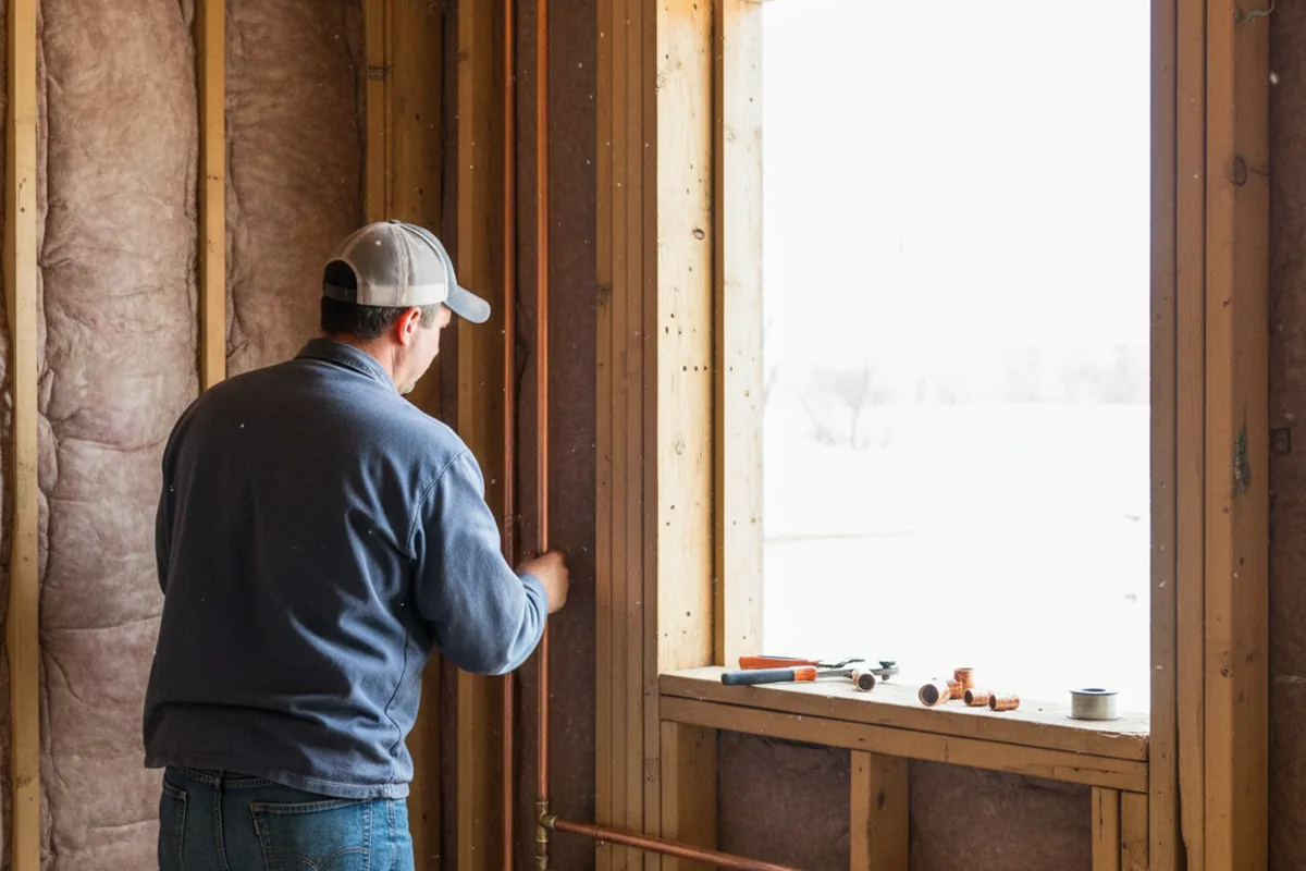 Licensed plumber running new copper supply lines in a Sanborn home