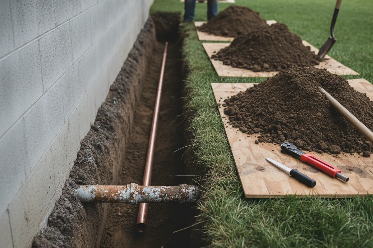 Excavated water line trench during Sewer Line Repair in Sanborn